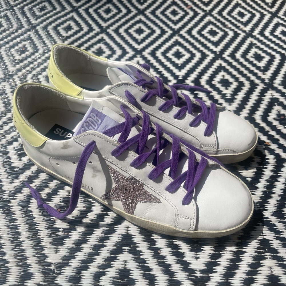 Golden Goose White Super-Star sneakers with glitter star and yellow heel tab 39